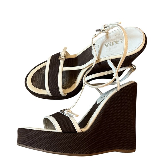 Y2K Prada T Strap Wedge Sandals, size 36.5 - Picture 1 of 7